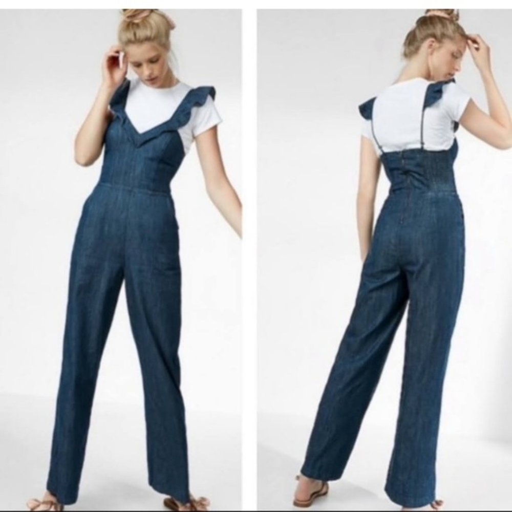 Express Denim Look Ruffle V-Neck Jumpsuit (0, Petite)